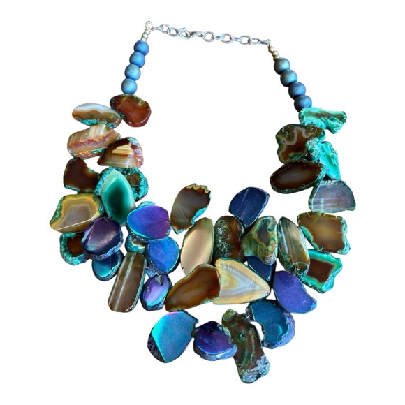 Chunky Agate Slice Statement Necklace Multicolor Blue Green Brown Bib J11 - Picture 1 of 3